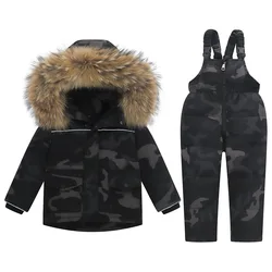 -30 Degree Russian Winter Children Boys Camouflage Down Jacket Waterproof Real Fur Girl Overalls 1-5 Years Kids Boy Snowsuit Set