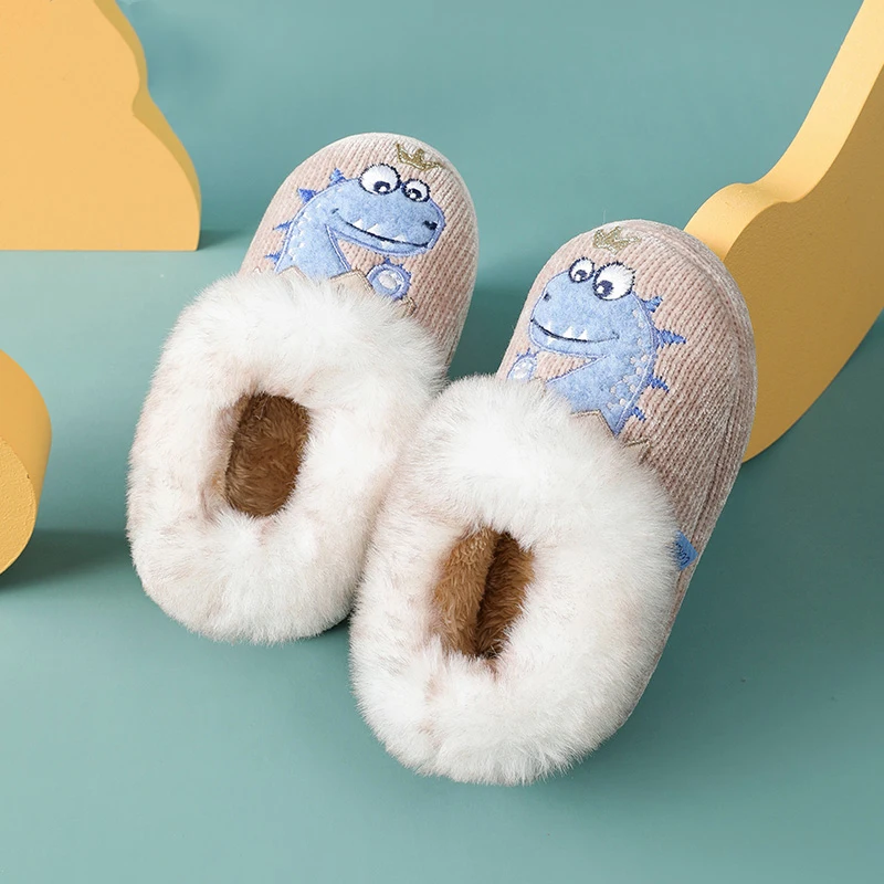 Kidmi Home Cotton Slippers Cute Embroidered All-inclusive Heel Slippers Winter Warm Skin-friendly Plush Cotton Shoes Children