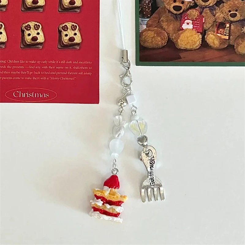 Korean Cute 3D Cake Fork Beaded Phone Chain Charm Lanyard For iPhone 16 Samsung Universal Accessories Key Chain Jewelry Pendant