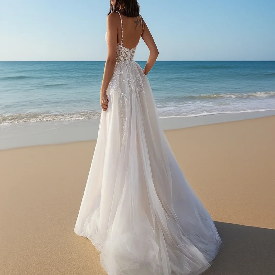 

Customized fine-striped shoulder strap V-neck sequined lace chiffon evening gown - bridal formal wedding dress