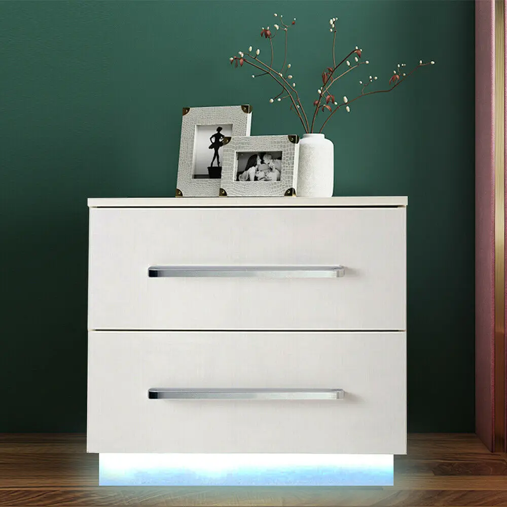 Modern Bedside Table with LED Light High Gloss 2 Drawers Storage Cabinet Bedroom Nightstand Living Room End Table