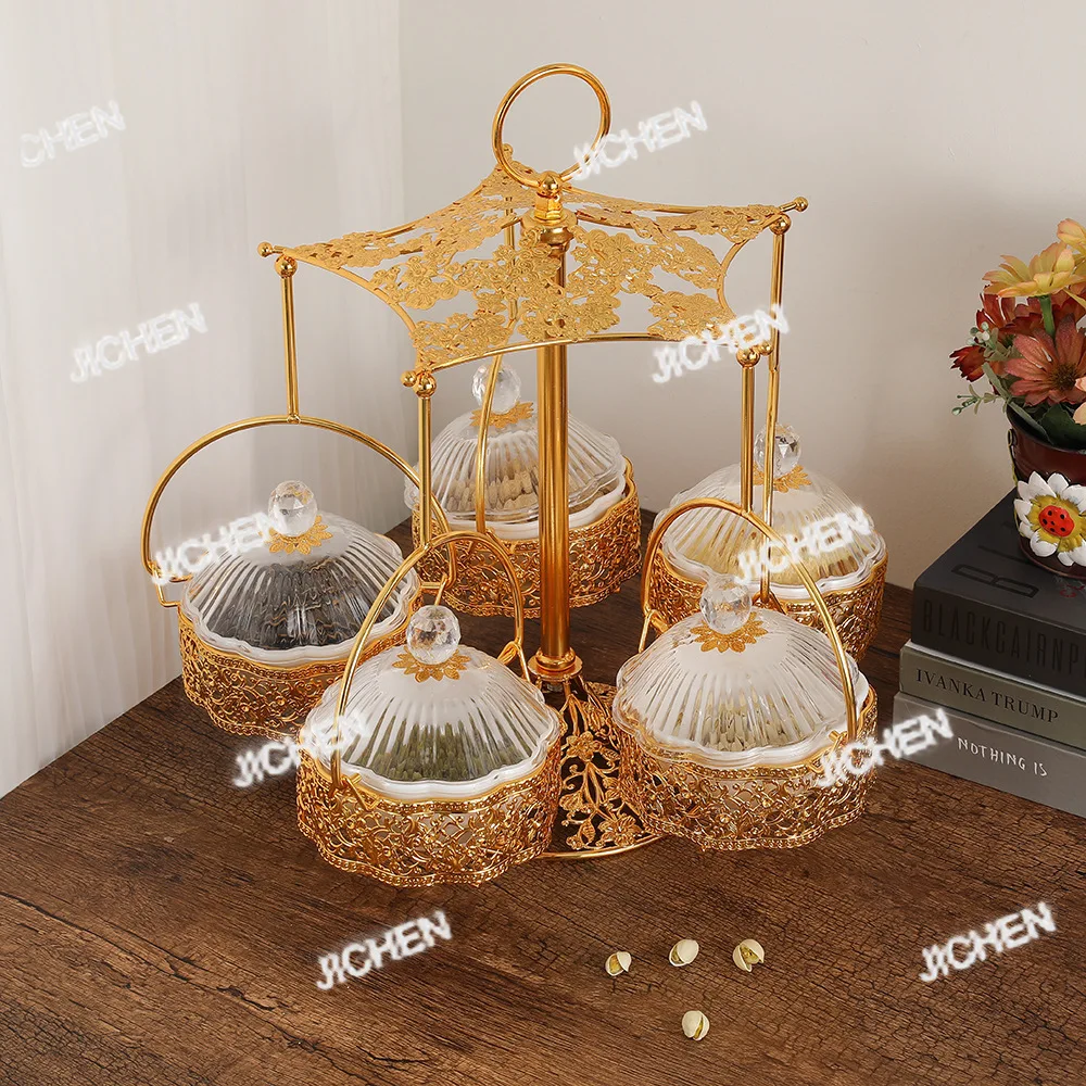 

ZQQ Европейская легкая роскошная изысканная тарелка с фруктами, бытовая металлическая тарелка с фруктами, зонтик с пятью отделениями, коробка для сухофруктов