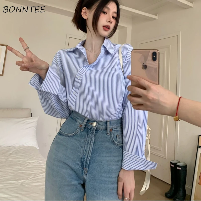 Turn-down Collar Shirts Women Side-slit Asymmetrical Blue Striped Korean Style New Arrive Autumn Tops Trendy Office Lady Simple