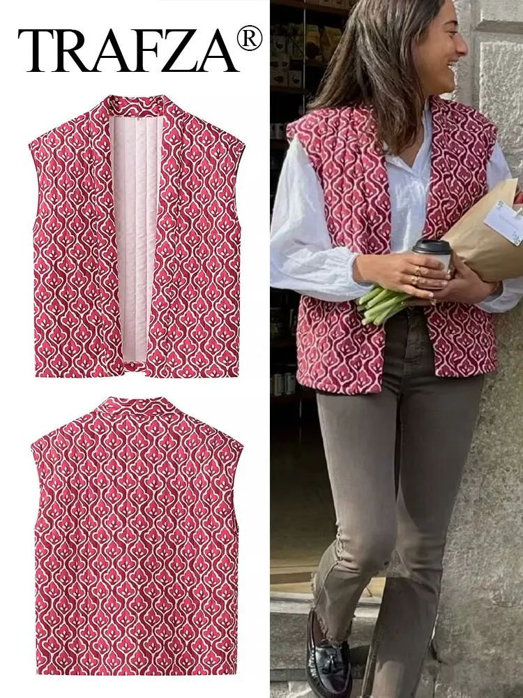 TRAFZA Women Fashion Print Vest Quilted Sleeveless Loose Open Stitch Cardigan Coat Female Chic Casual Street Woman Waistcoat Top