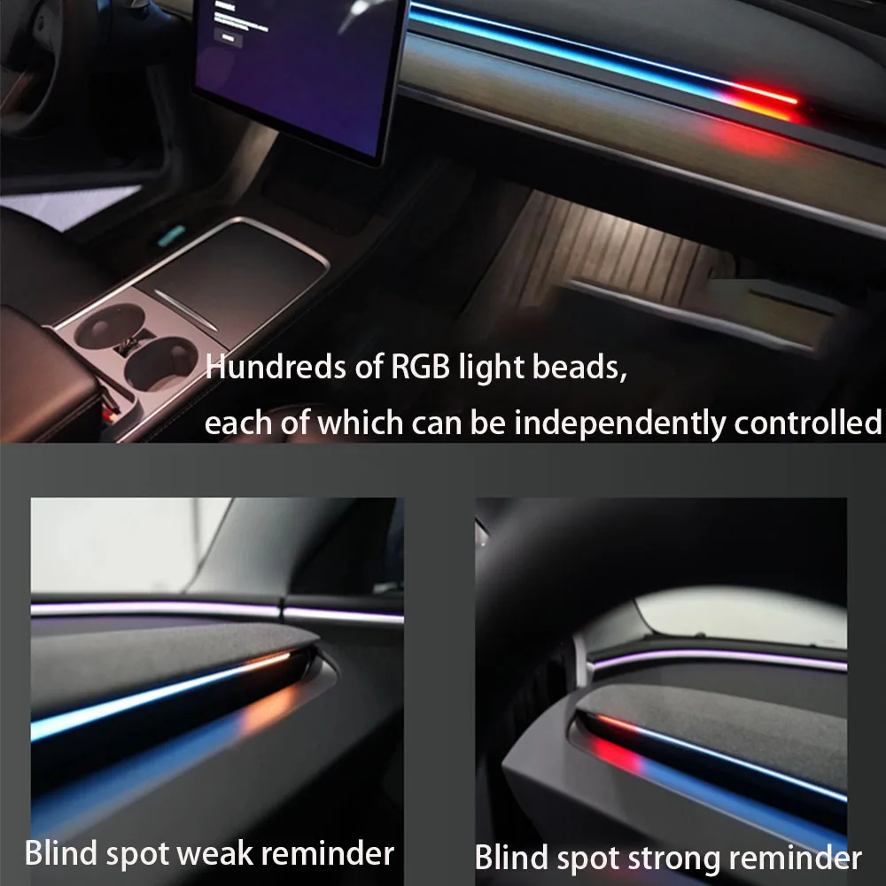 New Y Juniper Dashboard Atmosphere LED Lights Screen Control Wuth Blind Spot Warning Light for Tesla Model 3 Y RGB Brighten Lamp