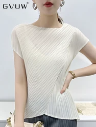 GVUW 2024 Summer Asymmetrical Pleated Short Sleeve T-shirts For Women Round Collar Slim Fit Solid Female Elegant Clothes 17J1454