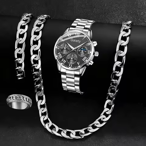 4PC Silver Men's Watch Set Business Trendy Roman Digital Scale Round Dial Quartz Watch Bracelet Necklace Ring Set Perfect Gift