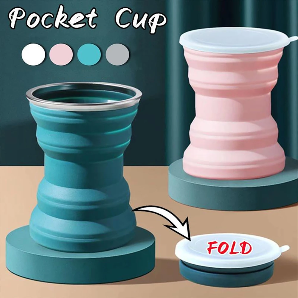 Portable Silicone Cup Foldable Travel Mug Heat Resistant Collapsible Water Cup with Lid Lanyard for Outdoor Camping Drinking Cup