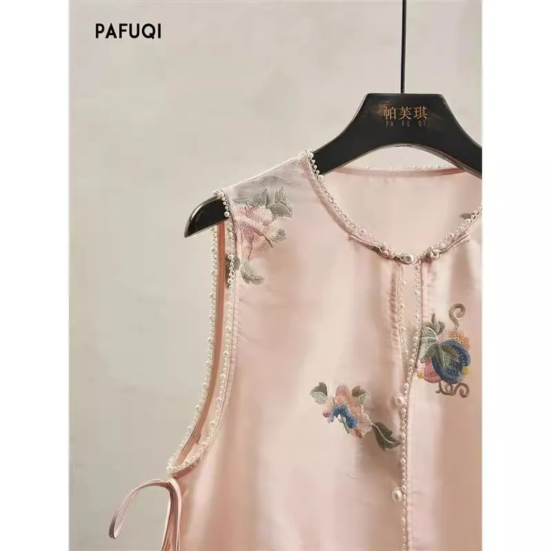 花刺繍ベスト女性ルーズノースリーブ刺繍トップス中国風エスニックヴィンテージ唐ベスト Symmer 新ファッション