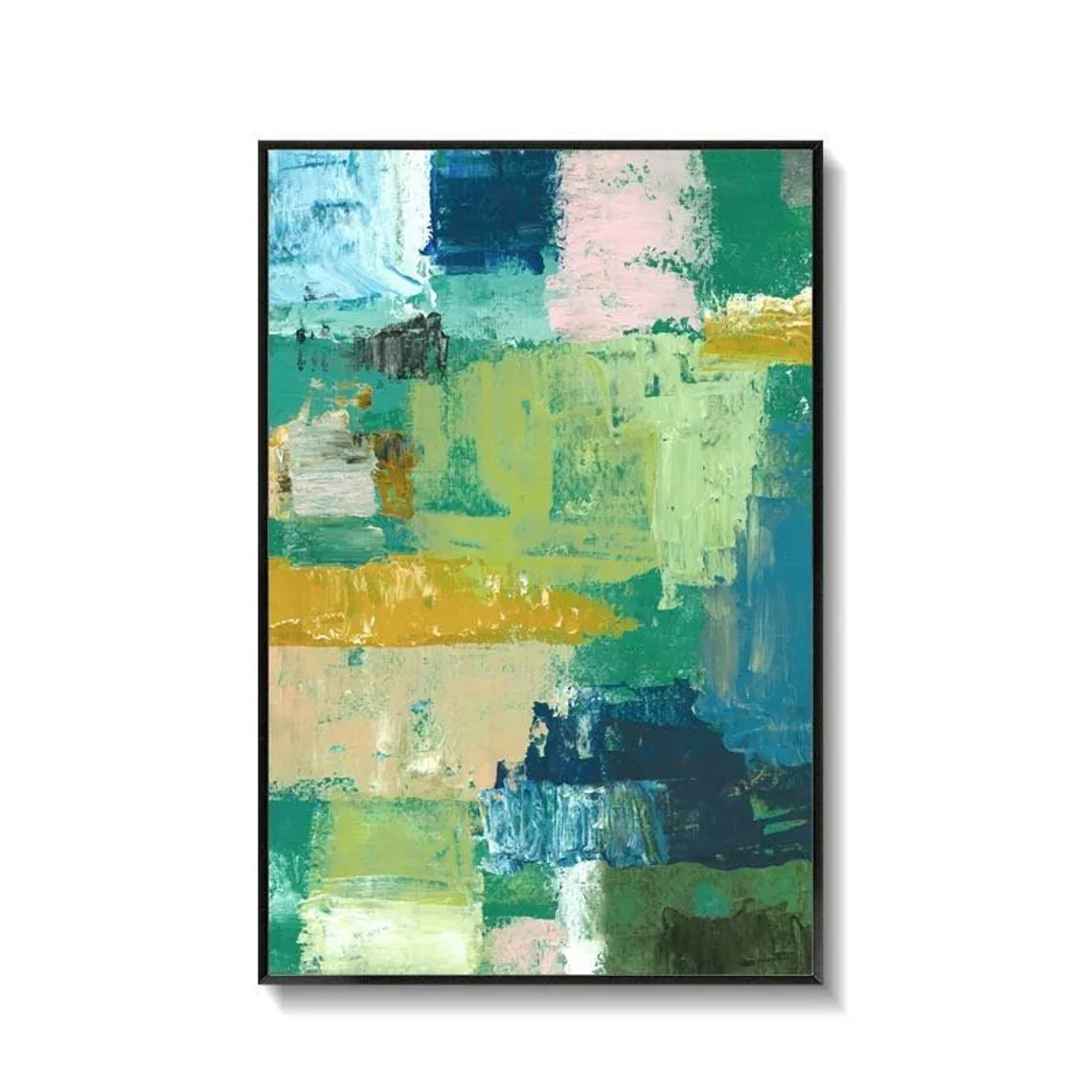Large impasto green abstract painting original colorful blocks painting heavy texture blue painting  living room boho wall art