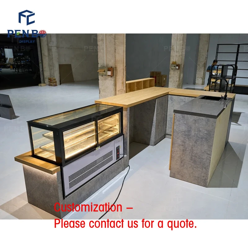 

custom.Simple Design Retail Bubble Tea Coffee Kiosk Shopping Mall Custom Wooden Bread Shelf Coffee Shop Display Counter Furnitur