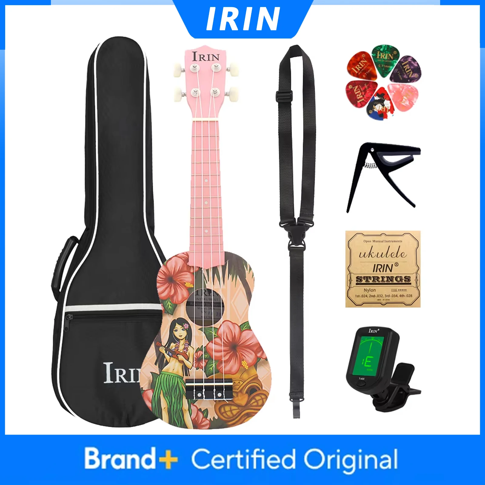 

Укулеле IRIN 21 дюйм, 4 струны, гавайская гитара, розовое мини-укулеле для девочек с чехлом, струнами, тюнером, запчасти и аксессуары для гитары