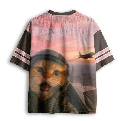 Pilot Cat Fighter Jet Sunset Print Men V Neck Mesh Jersey Funny Animal Graphic Short Sleeve Tee