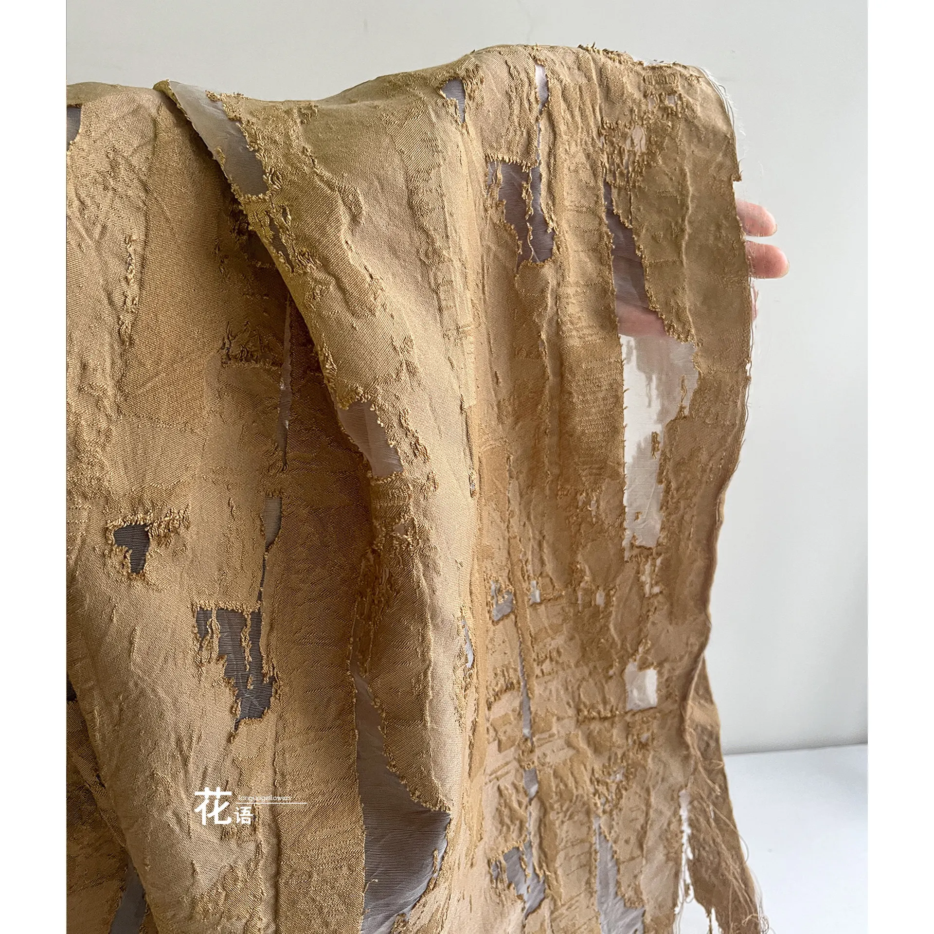 Coffee Brown Openwork Jacquard Designer Fabric Irregular Distressed Sheer Texture for Clothing Design and DIY Accessories