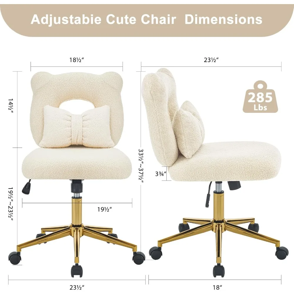 Vanity Desk Chair, Modern Cute Chair with Wheels Height Adjustable Armless Cozy Upholstered Chair with Lumbar Pillow