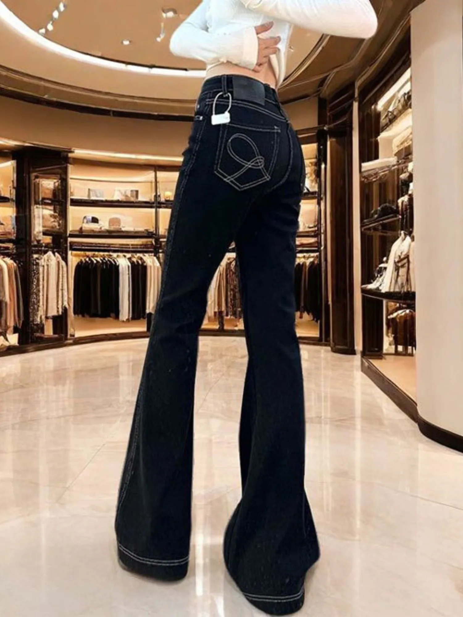 Women's Black Bootcut Jeans High Waist Contrast White Stitching Vintage Y2K Flare Denim Pants