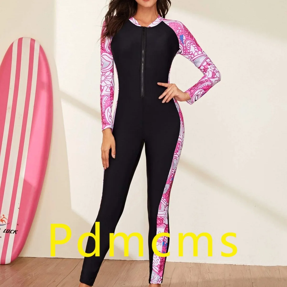 

2025 новый гидрокостюм на молнии с длинными рукавами, цельный европейский и американский цельный костюм для серфинга с принтом, солнцезащитный женский купальник, гидрокостюм s