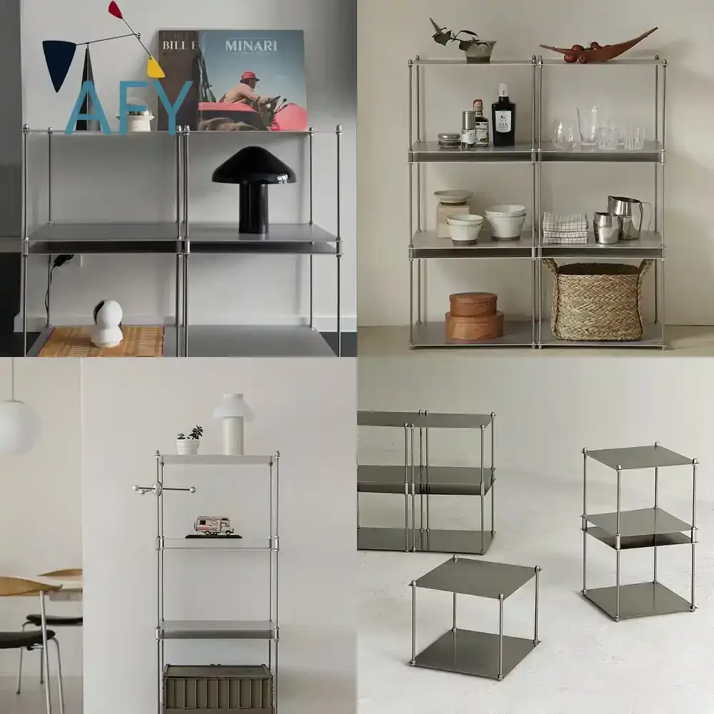 Bauhaus Minimalist Stainless Steel Small Side Table Coffee Table Floor Standing Multi Tier Display Storage Rack for Home