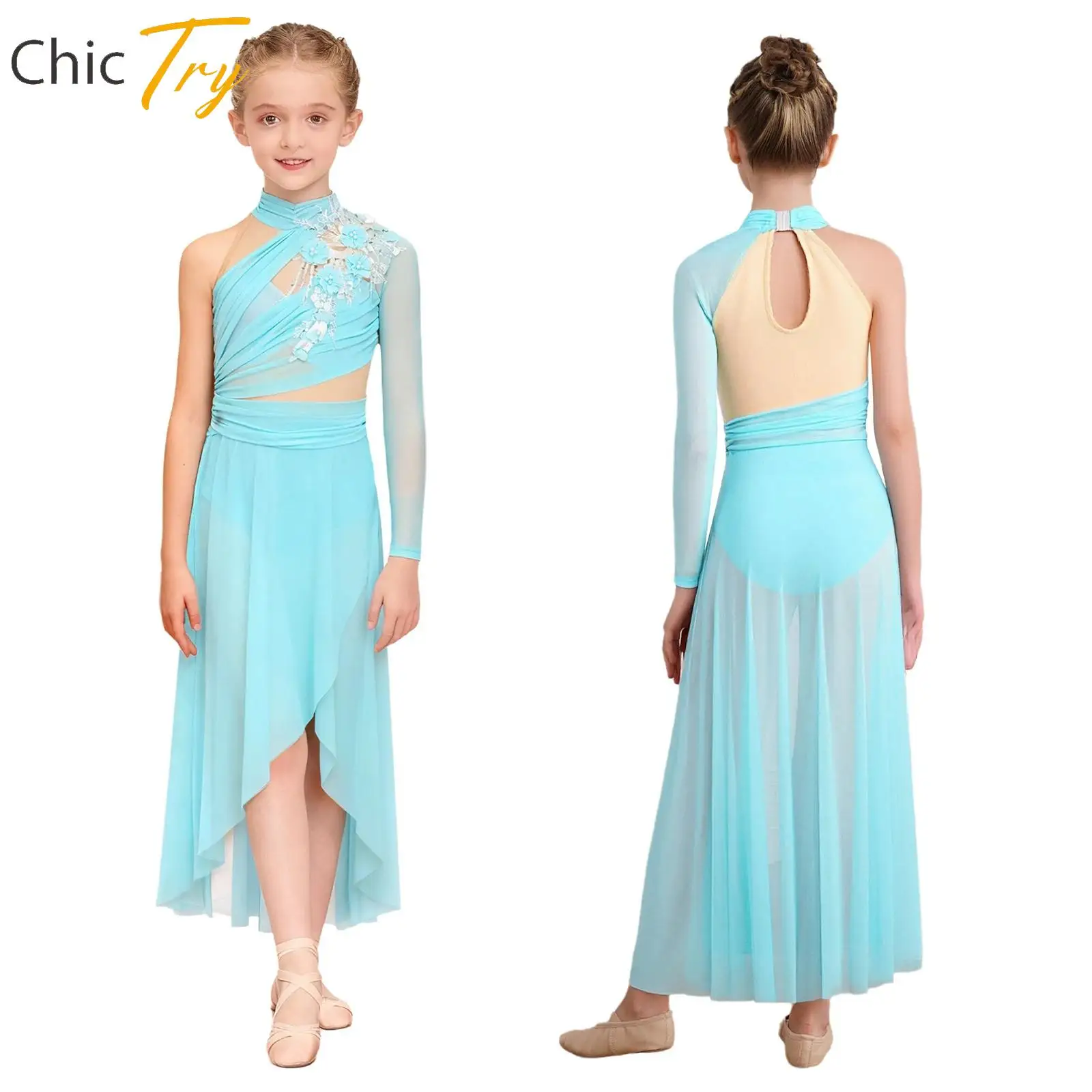 

Kids Girl Applique Lyrical Modern Dance Dresses Asymmetrical Ruched Mesh Maxi Long Dress for Gymnastics Dance Stage Performance