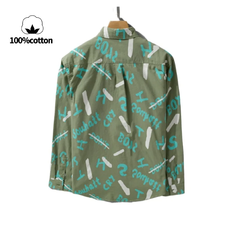 100% Cotton, Loose-fitting Autumn Jacket for Daily Wear, Men's Printed Long-sleeve Shirt, Breathable and Sweat-wicking.