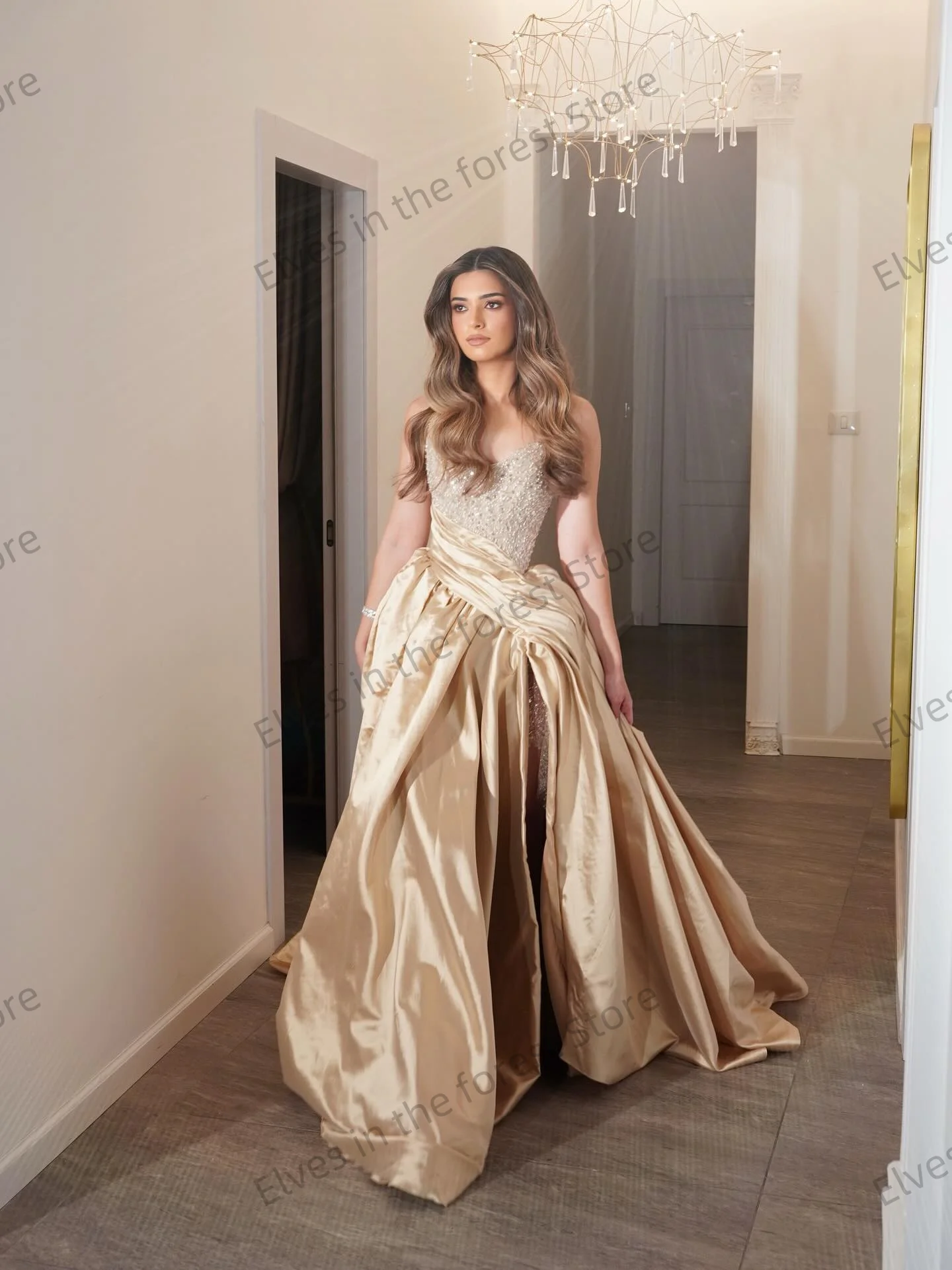 فساتين سهرة ساحرة بلون الشمبانيا للنساء أنيقة على شكل قلب لامعة فساتين حفلات مخصصة بفتحة وصمة عار فساتين زفاف رسمية