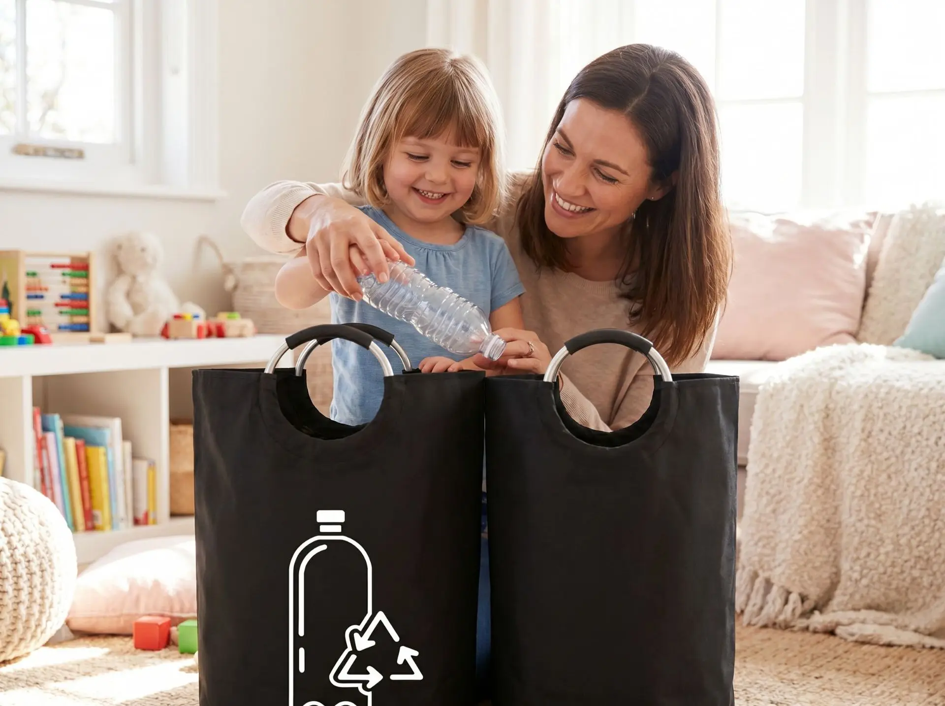 Thickened Foldable Recycling Storage Basket Large Capacity Empty Bottle Bag with Aluminum Handle for Kitchen Laundry Organizer