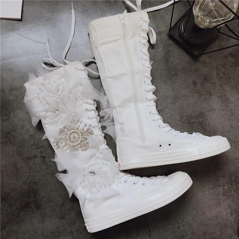 White Canvas High Tops Lace Up Women\'s Sneakers Cool Motorcycle Ladies Knee High Boots Luxury Rhinestone Casual Vulcanized Shoes