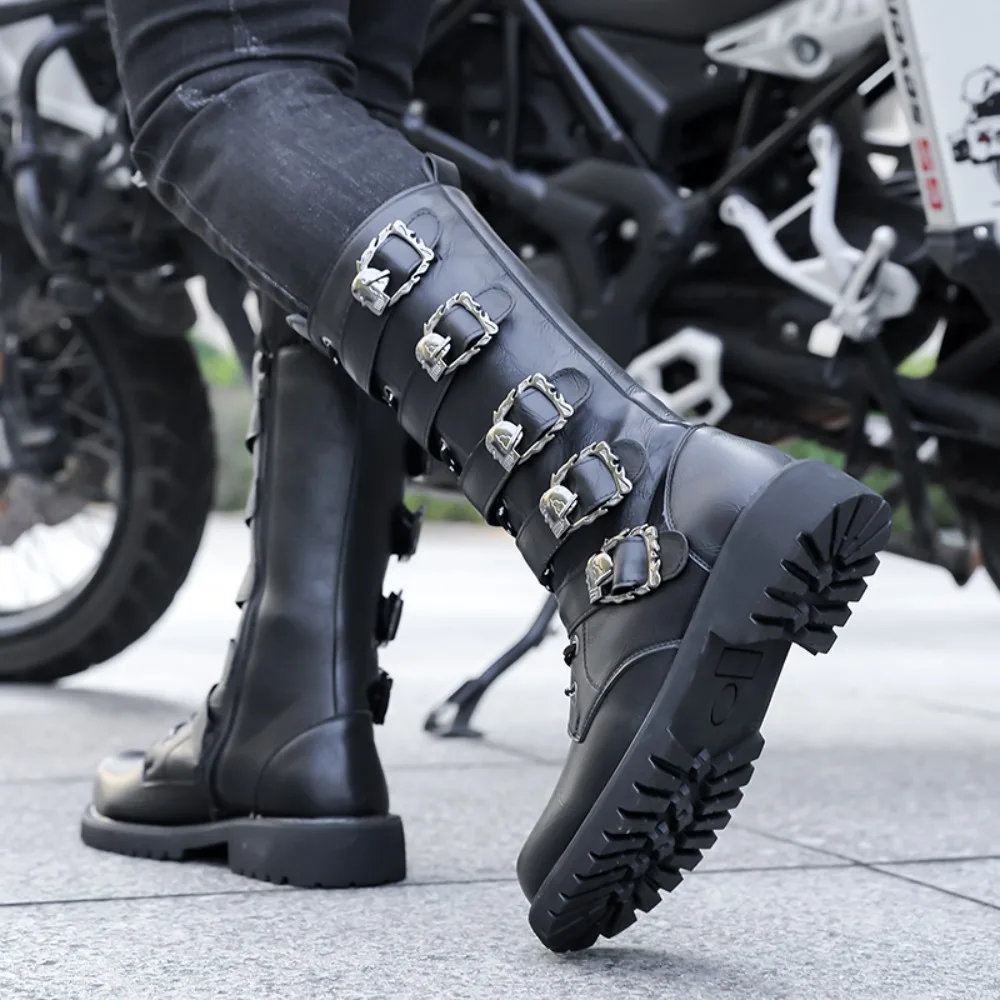 Winter Men's Leather Motorcycle Boots Punk Chain Mid-calf Platform Gothic Combat Boots for Men Biker Boots Men 2026