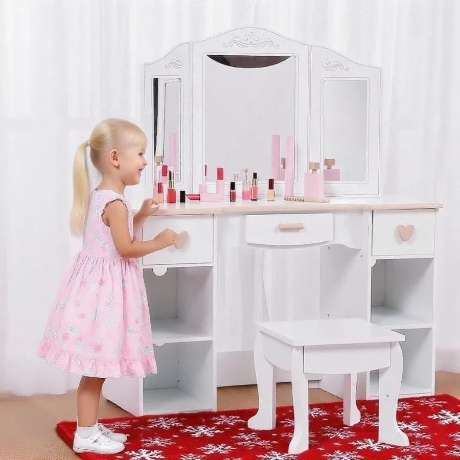 Vanity Table with Tri-Folding Mirror and Stool, Vanity Set with Mirror and Drawers for Kid Age 4-9