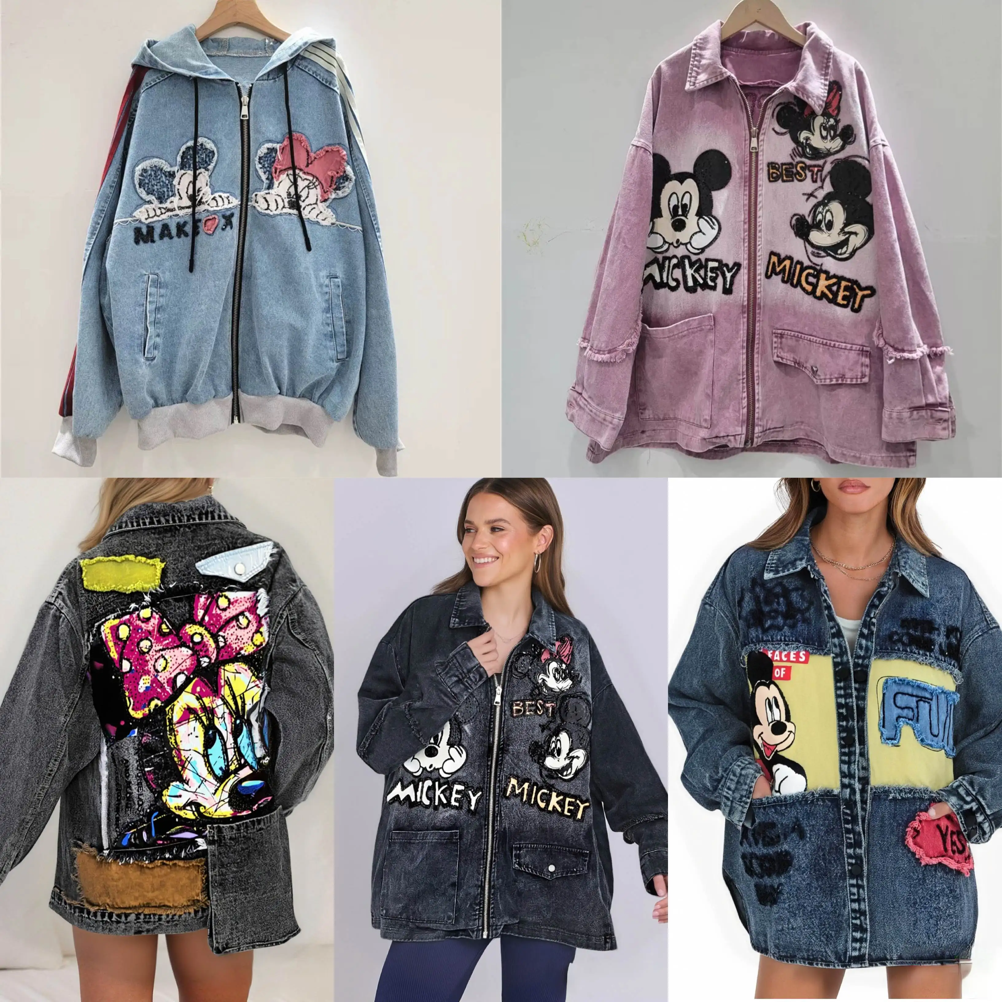 

European and American light luxury new cartoon sticker fabric heavy embroidery print denim jacket loose collar jacket T-shirt