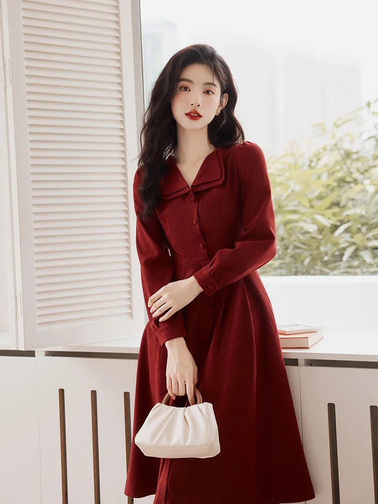 French Style Long Sleeve Dresses for Women\'s Vintage Double Layer Lapel Chic Dress Autumn/Winter Korean Fashion Casual Vestidos