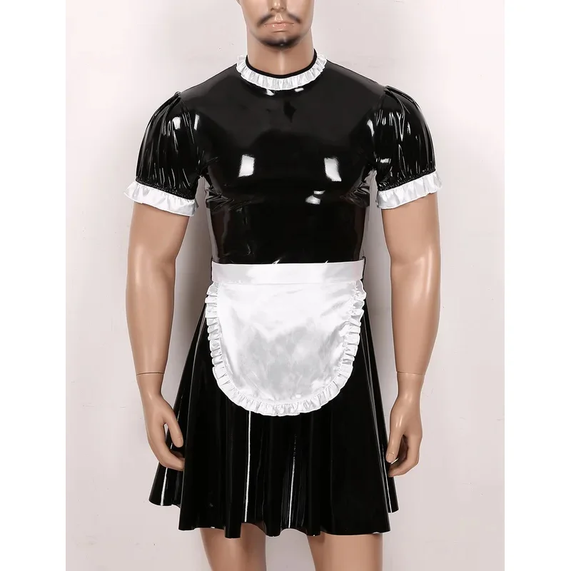 فستان خادمة سيسي للرجال مع المئزر ، زي تنكري للذكور ، كم منفوخ ، مظهر رطب ، جلد براءة اختراع ، زي خادم ، مشتعل ، ملابس نوم