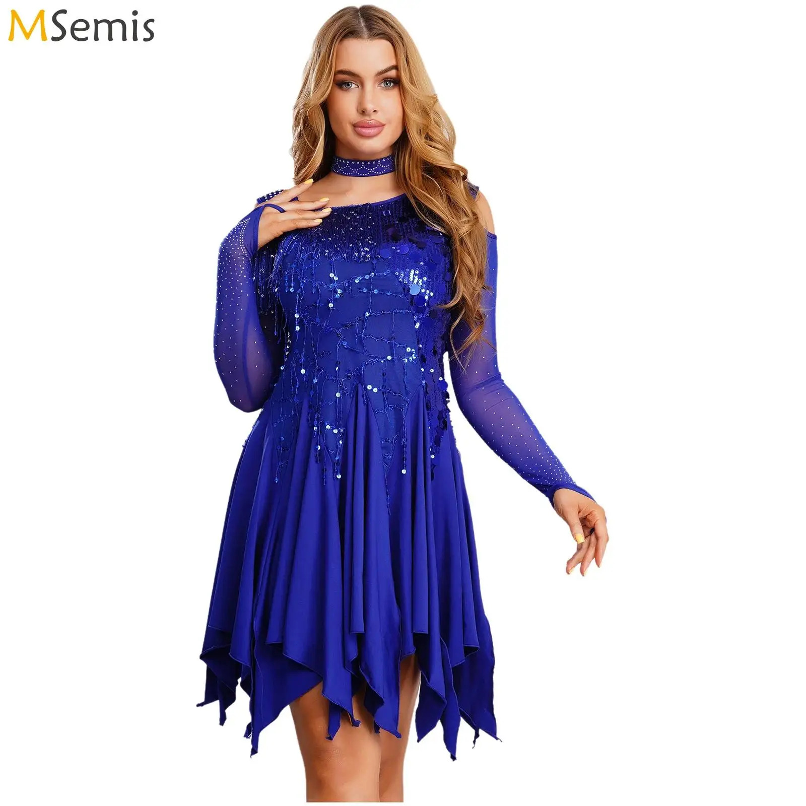 

Женское платье для бальных танцев, латины и танго, с пайетками, бахромой, сеткой, длинными рукавами, асимметричным подолом и стразами