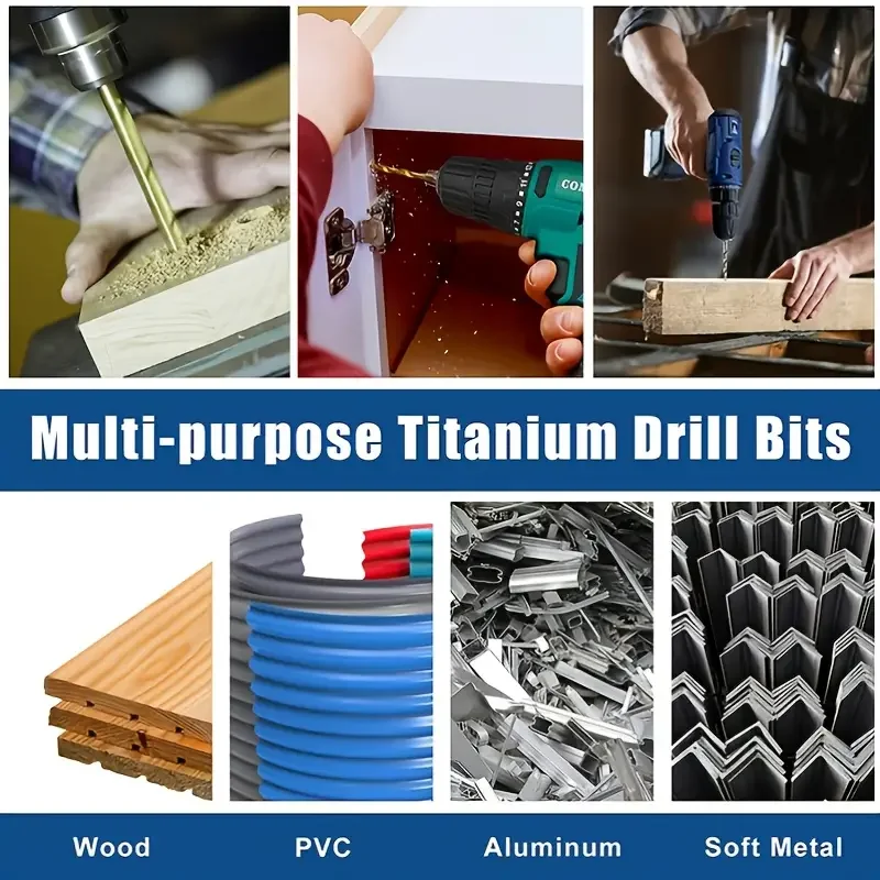 Drill Bit Set 1/4 Hex Shank Handle HSS High Speed Steel Titanium Coated Hexagon Wood Soft Metal Plastic PVC Hole Cut Power Tool