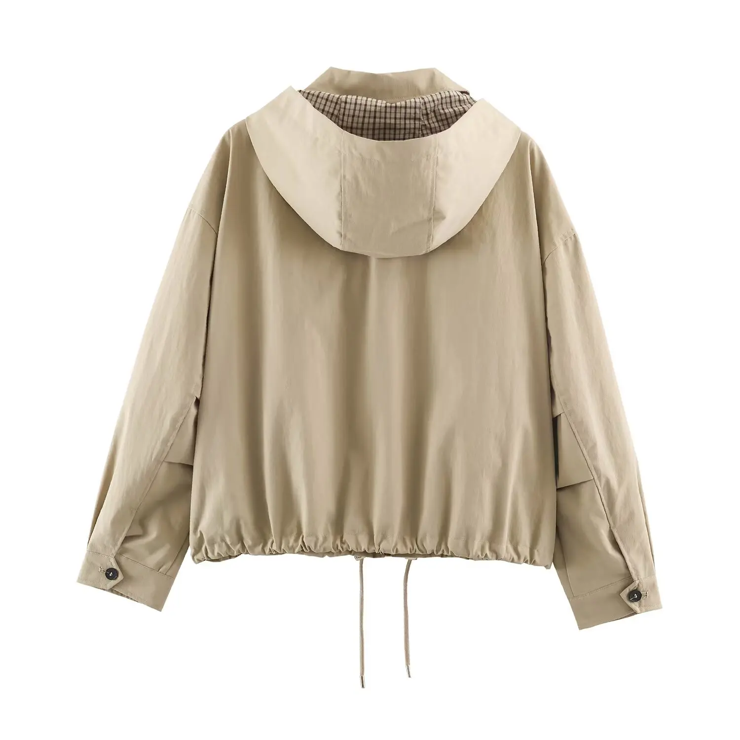 BSAY 2026 Herbst Damen Jacke mit abnehmbarer Kapuze, Revers, Reißverschluss, Kordelzug am Saum, kariertem Futter, lockerem Schnitt, langen Ärmeln, Business-Casual-Oberbekleidung – Detail 3