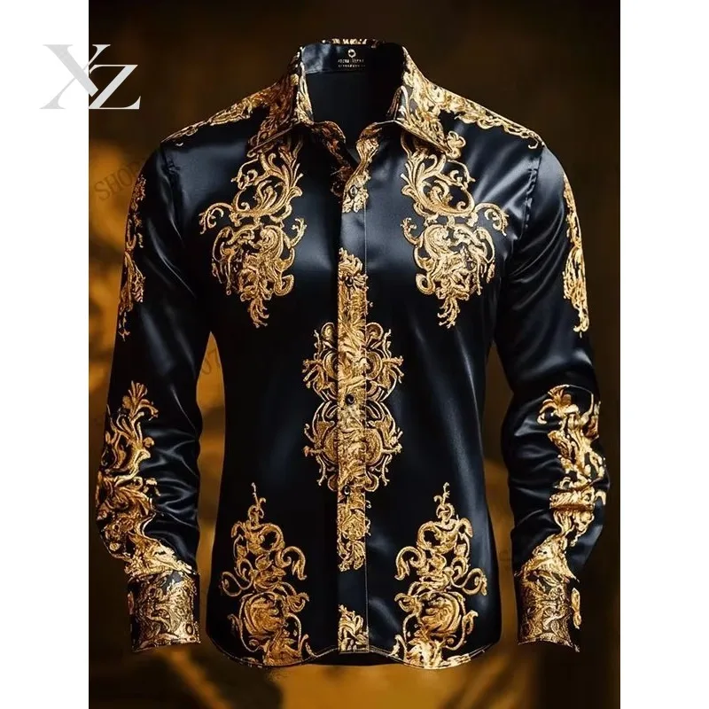 Hot Sale Premium Men Women Golden Floral Pattern 3D Print Long Sleeve Button Up Hawaiian Shirt Vintage Delicate Evening Fashion