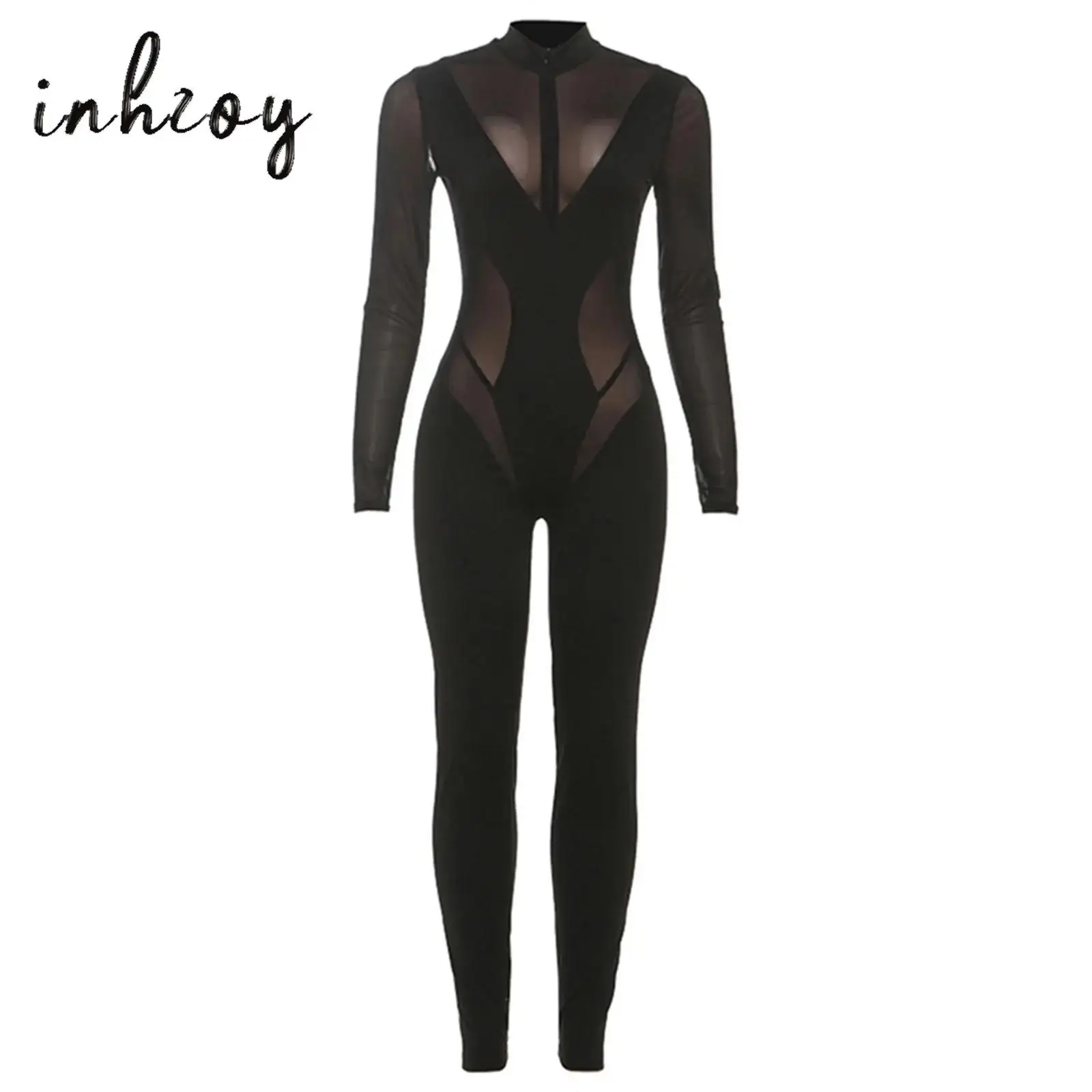 

Womens Gymnastics Figure Skating Jumpsuit Long Sleeve Front Zip Slim Sheer Mesh Patchwork Bodysuit Rompers Ballroom Dancewear