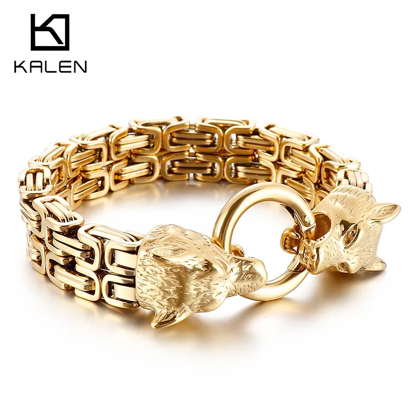 KALEN Double Byzantine Chain Wolf Head Bracelet for Men Punk Chunky Stainless Steel Jewelry Vintage Biker Accessories Gift