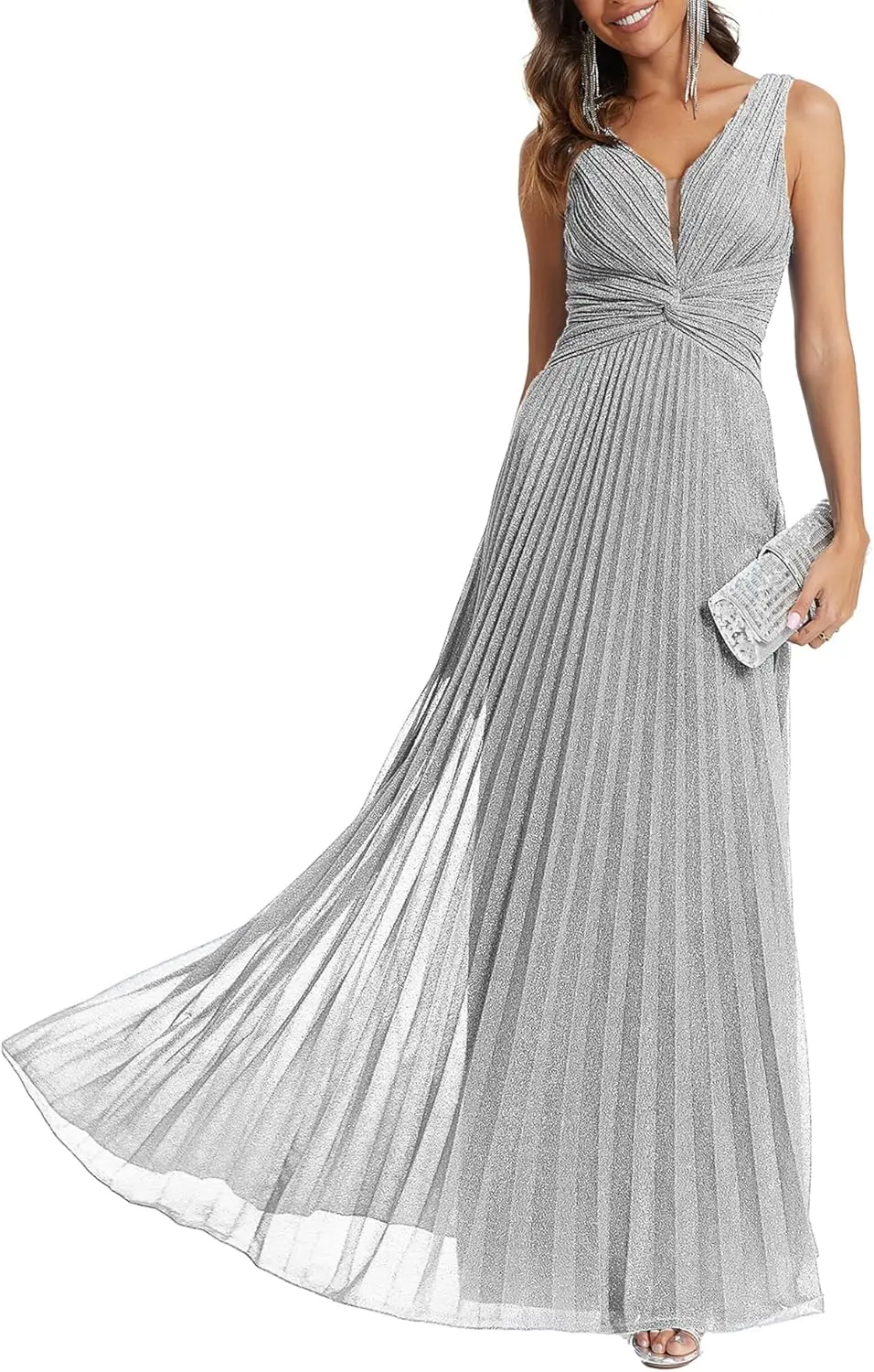 ชุดเดรสค็อกเทลสตรีคอวีเอวสูงจีบชุดราตรีแขนกุดเอ-ไลน์ชุดพร้อมเอวผูกชุดรับปริญญา