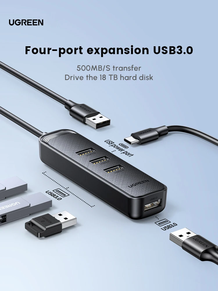 UGREEN 4-портовый концентратор USB 3.0, USB-сплиттер ABS, передача данных 5 Гбит/с, USB-удлинитель для ноутбука