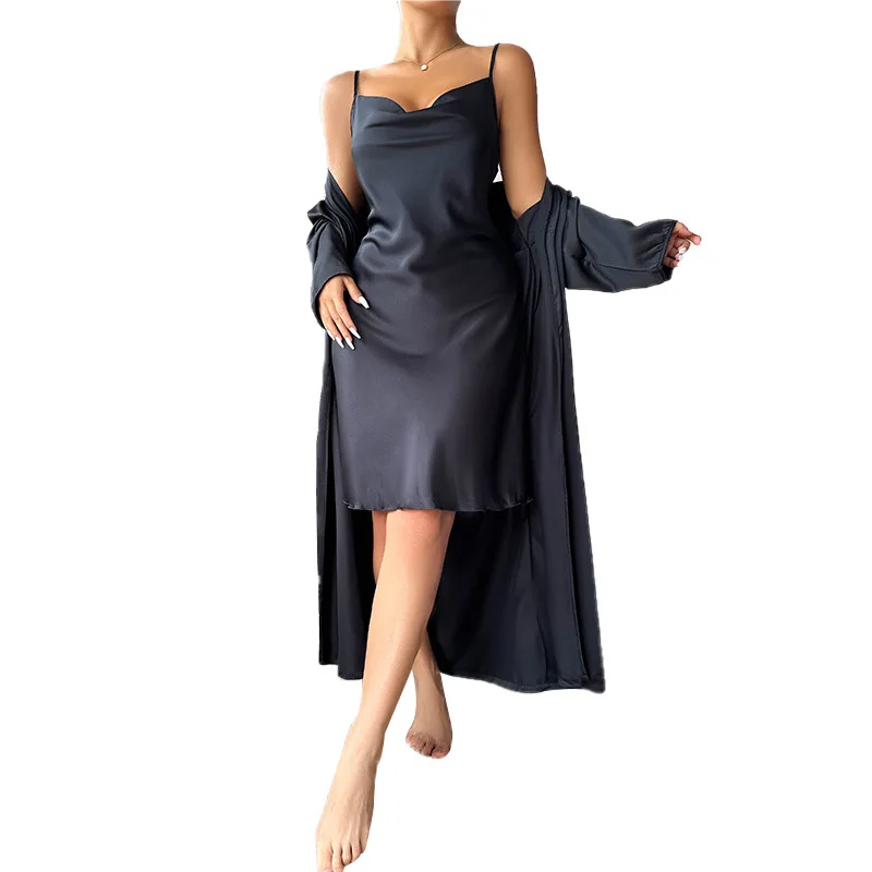 Female Twinset Robe Set Sexy Black Long Kimono Bathrobe Gowm Spring Summer Silk Satin Sleepwear Nightdress Loose Casual Homewear