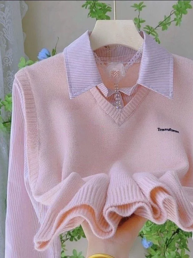 Otoño Invierno Thiened falso suéter de dos piezas largo Sve irt mujer nuevo 2024 diseño único suelto Personali Patchwork Top