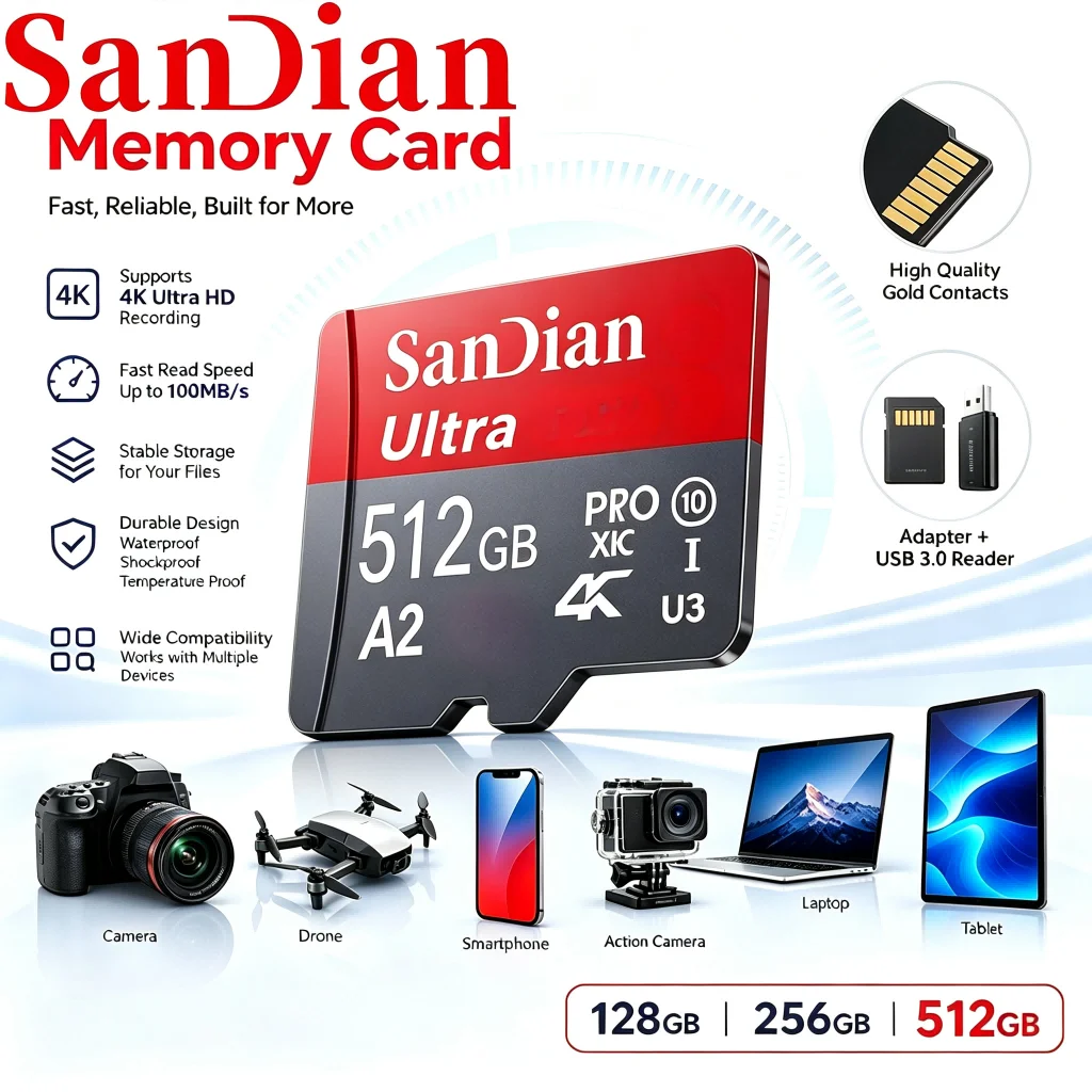 High-Speed Micro TF SD Card TF Cards SD Cards Memory Card 512GB 256GB 32GB A1 UHS-I X-Ray Proof C10 for Dash Cam PC Mac