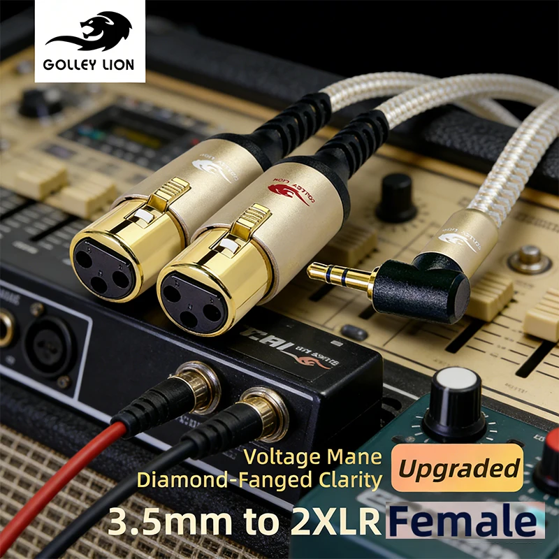 Upgraded 3.5mm to 2XLR Female Cable GOLLEY LION 90° Angle Gold-Plated HiFi for Microphones/Speakers