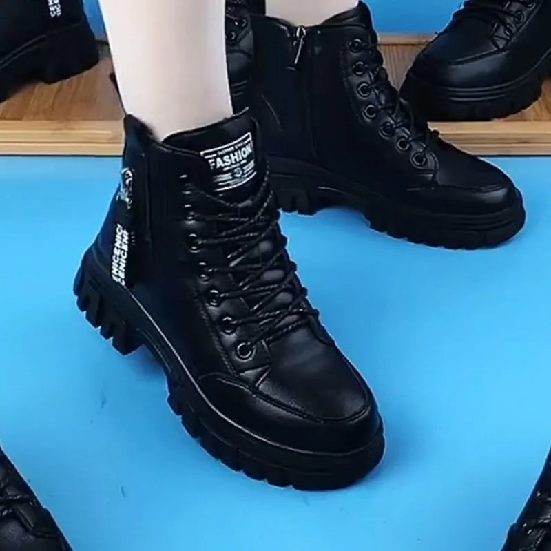 Women Cotton Boots  Black Plush Shoes Thick Sole Casual Sneakers Versatile Short Boots Side Zipper Boots Lace Up Non-slip Boot