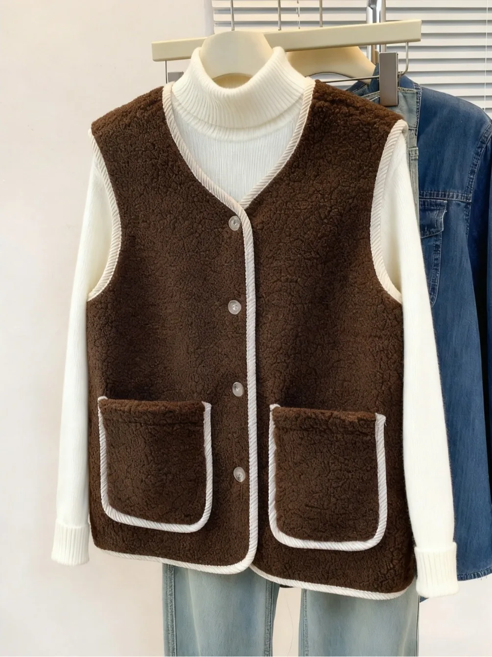 Jaet feminino de pele de cordeiro solto leve calor vela colete outono inverno faion novo sle meimei grande