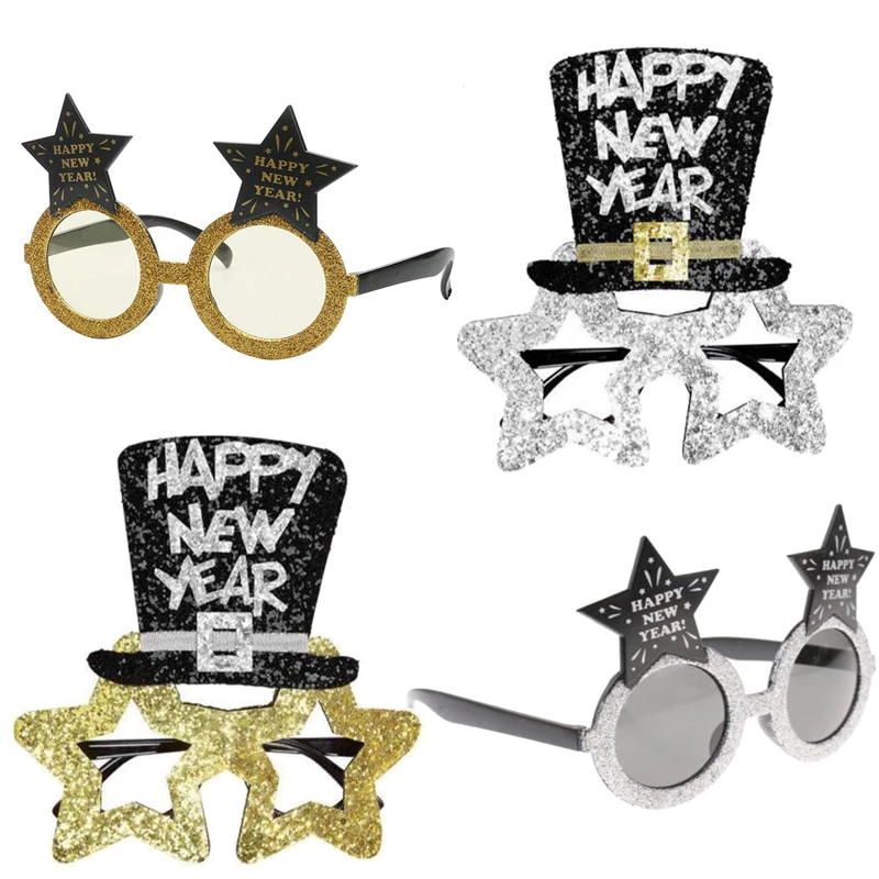 Happy New Year Star Hat Glitter Glasses Frame Photo Props Cheer 2024 New Year's Eve Party Eyeglasses Christmas Decor Kids Gifts