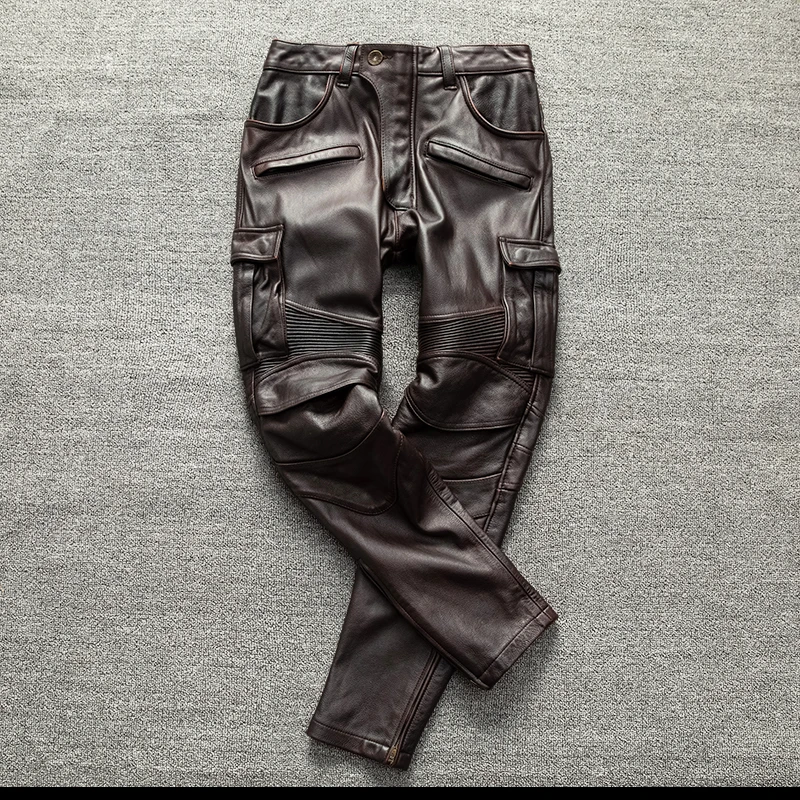 Red Brown Long Winter Leather Trousers Men Vintage Style Plus Size 5XL Genuine Natural Cowhide Motorcycle Leather Pants