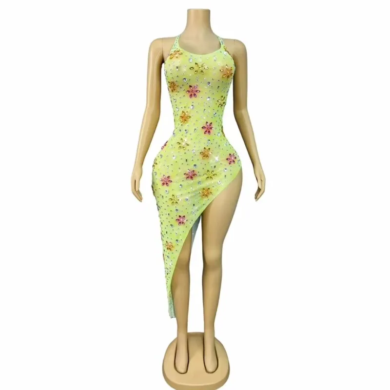 Amarelo roxo strass sexy vestido de malha irregular para festa de aniversário feminino noite celebrar modelo passarela palco mostrar traje