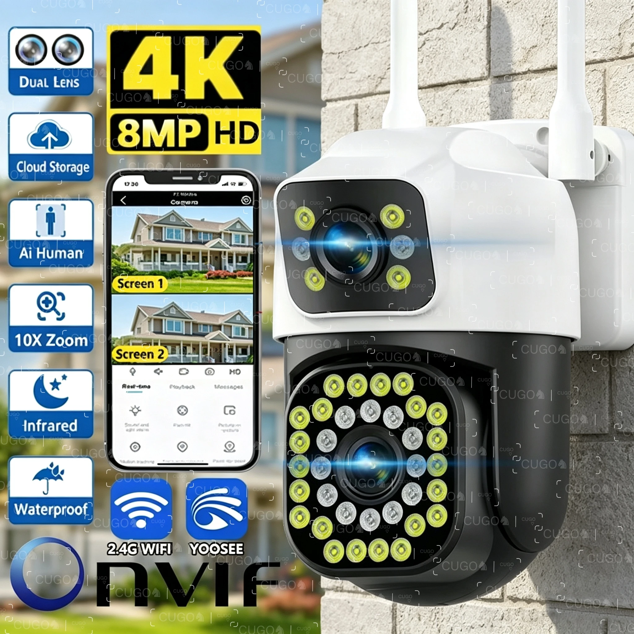 

4K 8 МП Wi-Fi камера с двумя объективами, PTZ, уличная беспроводная HD-камера с двумя экранами, ИИ-отслеживанием человека, автоматическим панорамированием и наклоном, для видеонаблюдения, IP-камера